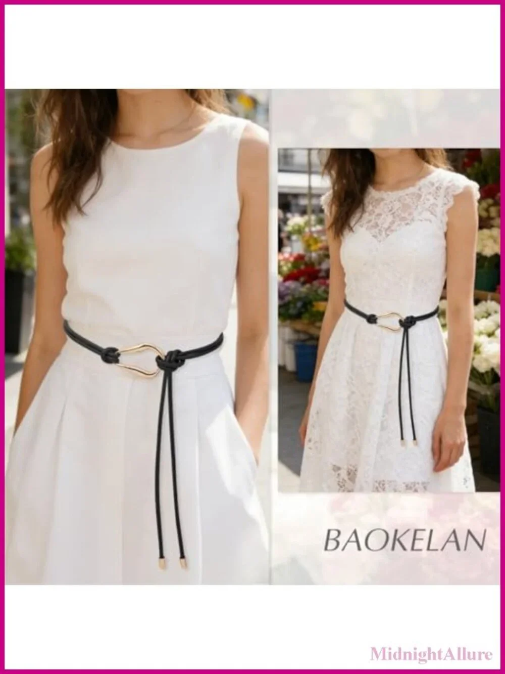 PU Leather Knotted Thin Belt with Gold Buckle for Dresses